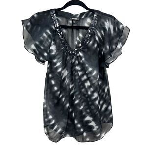 Express Womens Blouse Top‎ Beaded Sequin V Neck Flared Sleeves Black White Sz XS